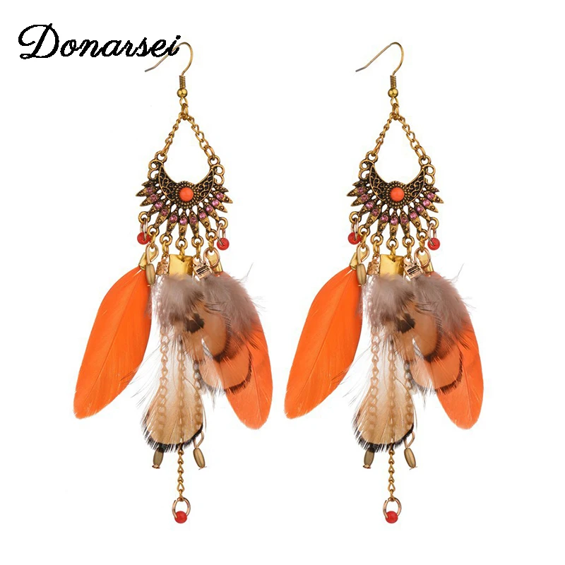 

Donarsei 2019 New Fashion Dandmade Feather Long Drop Earrings For Women Bohemian Black Owl Leaves Dangling Earrings Boho Jewelry