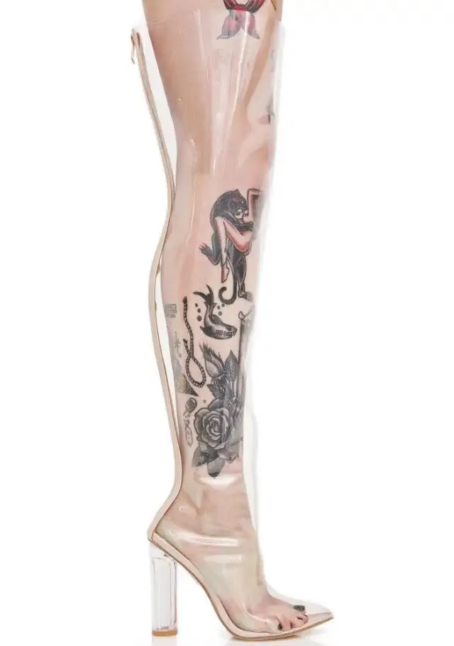 

Sexy Transparent Thigh High Boots Block Heel Pointy Toe Summer Rainboots Shoes Women