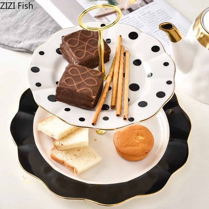 

Creative Nordic style ceramics Black and white wave point Double layer Fruit tray Cake pan Dessert display stand Wedding party