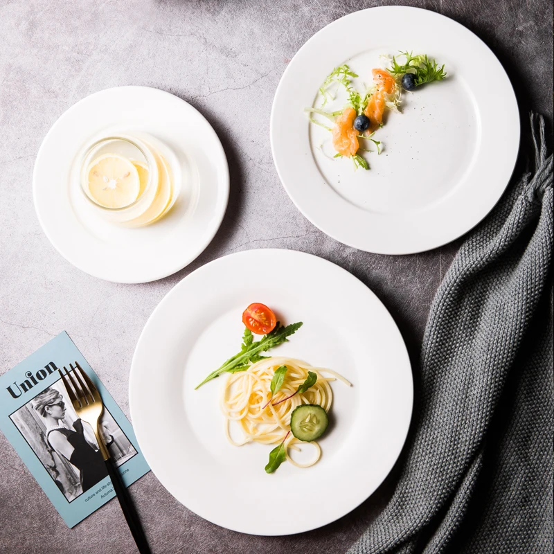 Модная обеденная керамическая тарелка для пасты, Чистый белый плоский тарелка для стейка, западное блюдо, домашняя кухонная посуда, обеденные тарелки