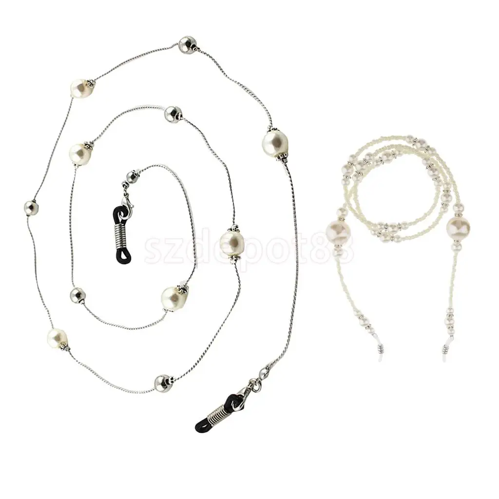 2pcs Sunglasses Chain Reading White Beaded Pearl Glasses Chain Eyewear Neck Lanyard Non-Slip Eyeglasses Holder Strap 