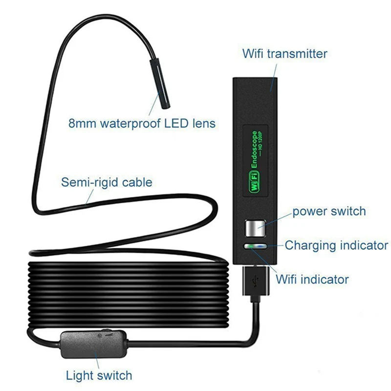 VicTsing 5 м 8 мм эндоскоп камера WiFi бороскоп IP68 Водонепроницаемый 8 светодиодный Инспекционная камера 1600*1200 HD камера для iPhone Android