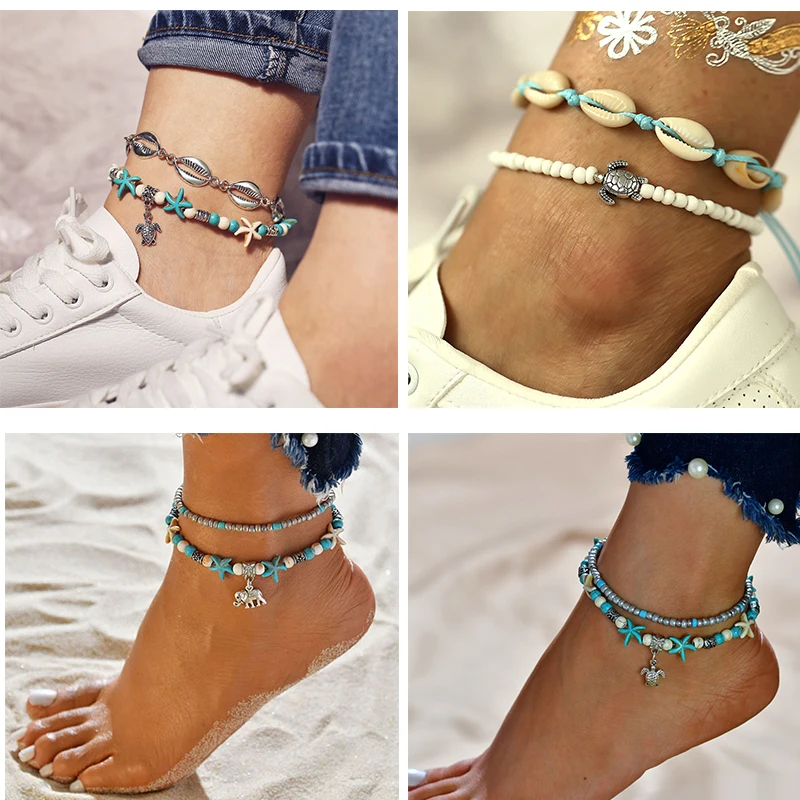 

2019 Bohemian beach Enkelbandje Custom Anklet Chain Boho Turtle Beads Ankle Shell jewellery on Leg Foot Shell Bracelet Women