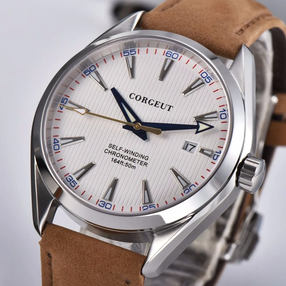 Роскошный бренд Corgeut 41 мм Мужские часы с кожаным календарем автоматические мужские часы с белым циферблатом сапфировое стекло Мужские часы