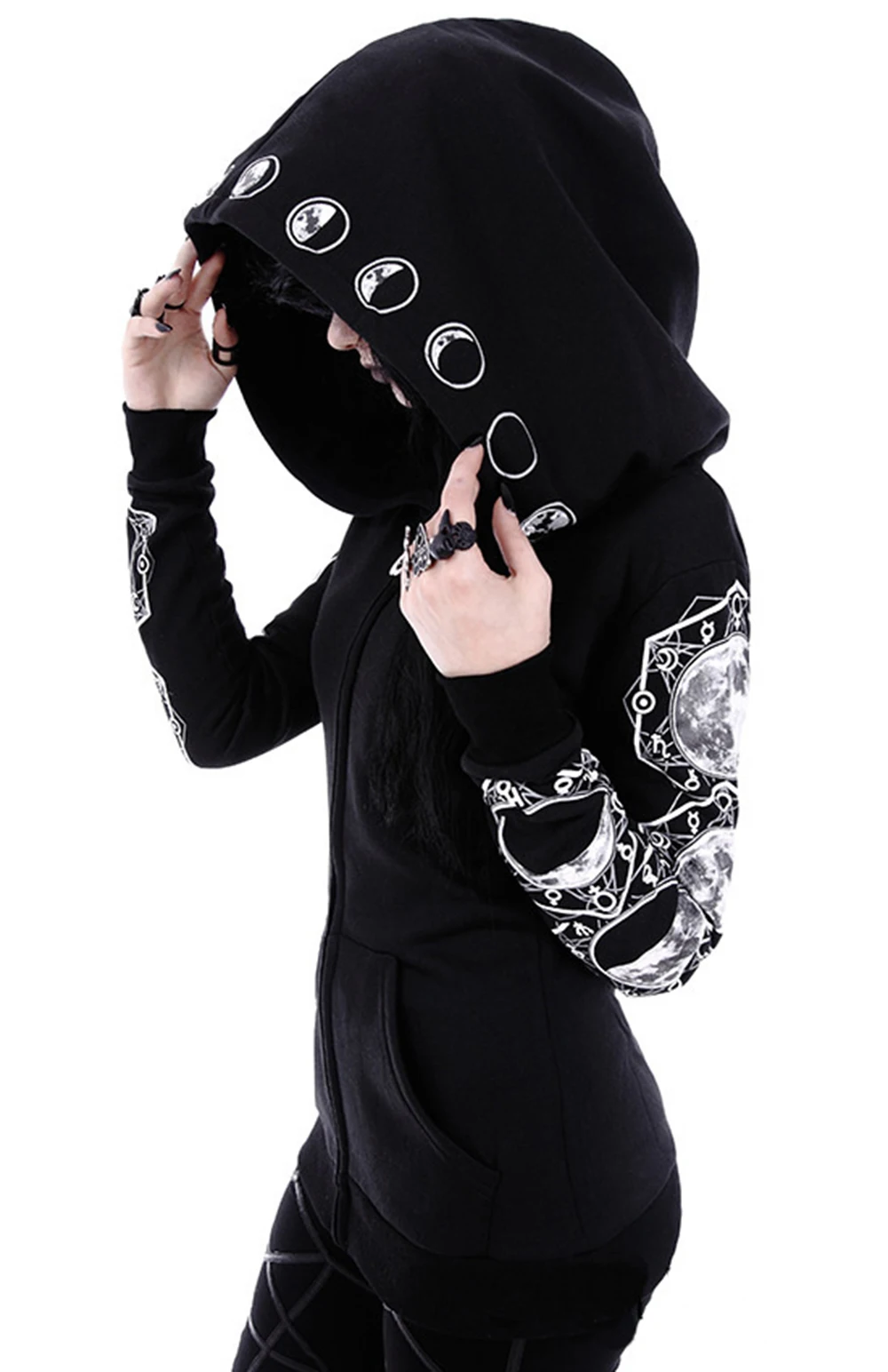 Готические толстовки женские повседневные спортивные костюмы с длинным рукавом с капюшоном на молнии свитер джемпер одежда Черный Принт