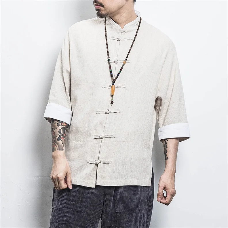 MR-DONOO, летняя Новинка, однотонная Льняная мужская рубашка, китайский традиционный стиль, пряжка, Тан, пальто, три четверти, рубашка, A032-C66 - Цвет: Linen