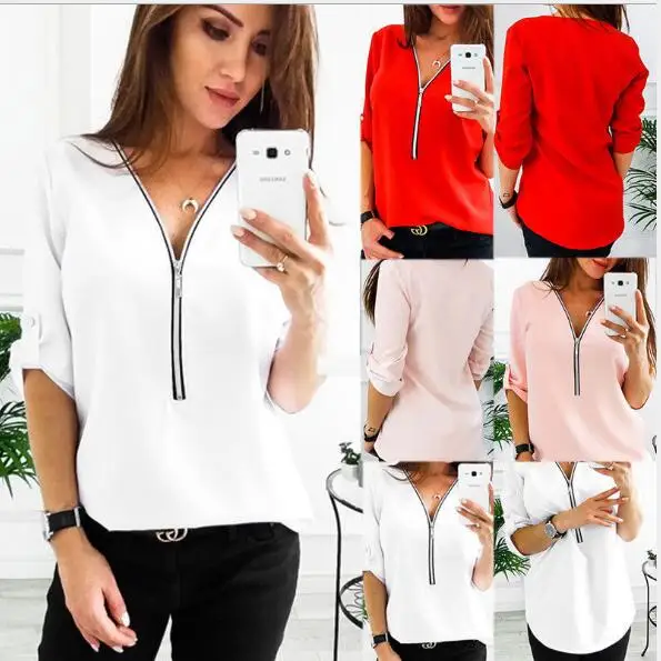 TP-128 19 women's wish cross-border products Europe and America zipper shirt loose T-shirt