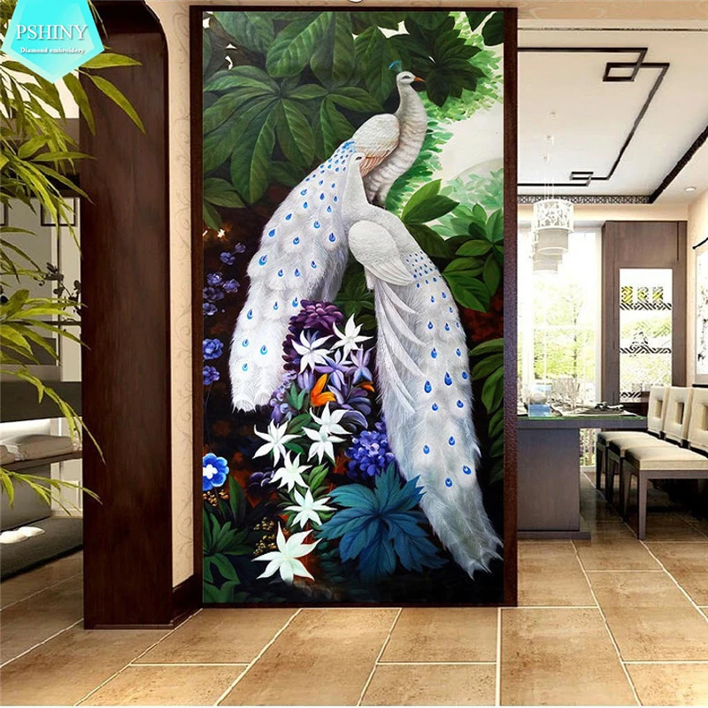 

PSHINY 5D DIY Diamond painting white peacock animal Pictures with full display Square rhinestones needlework new arrivals 2019