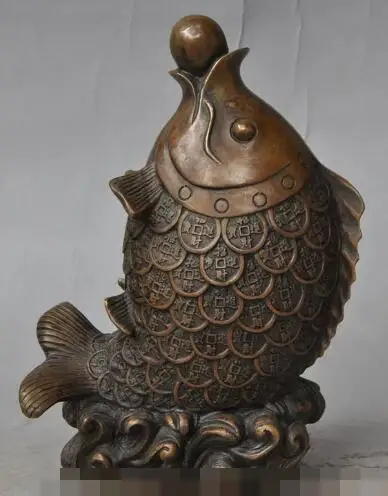 

S2449 chinese bronze fengshui animal money fish Goldfish play bead wealth lucky statue