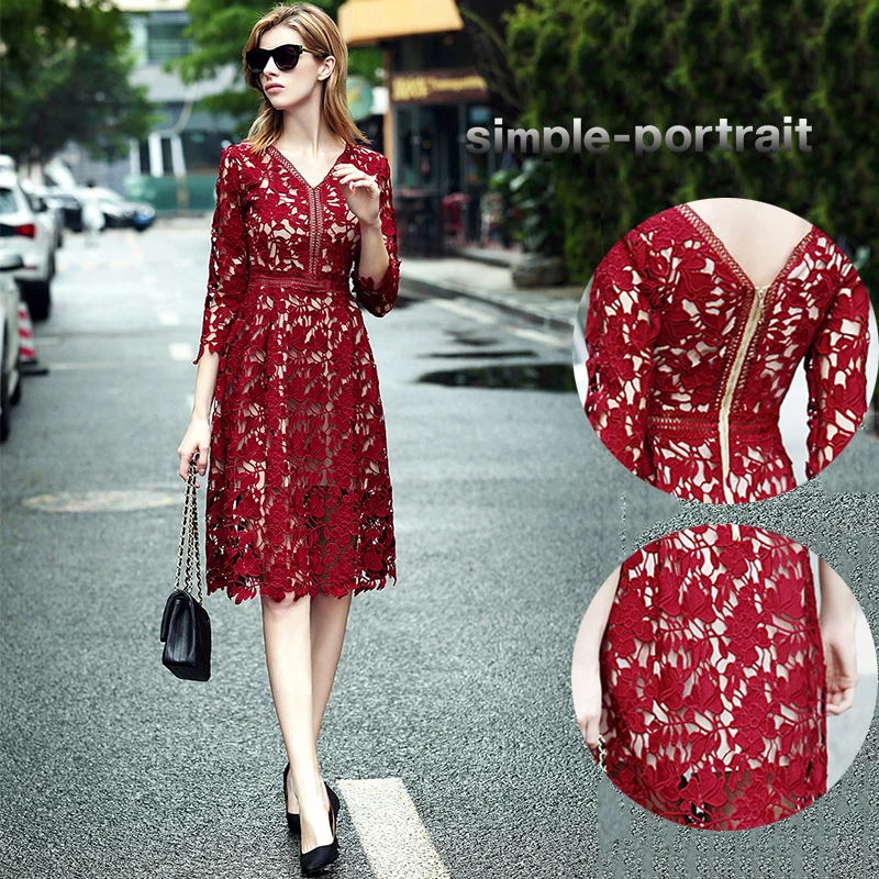 

SP Self Portrait 2018 Spring Lace Dress Sexy V Neck Hollow Out Lace Dress with Lining Women Elegant Office Lady Wearing Vestidos