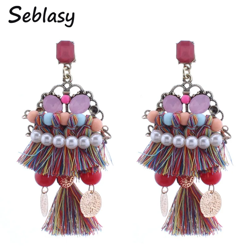 

Seblasy Vintage Ethnic Bohemian Beads Simulated Pearl Tassel Earrings Statement Drop Earrings For Women Brincos Boucle d'oreille