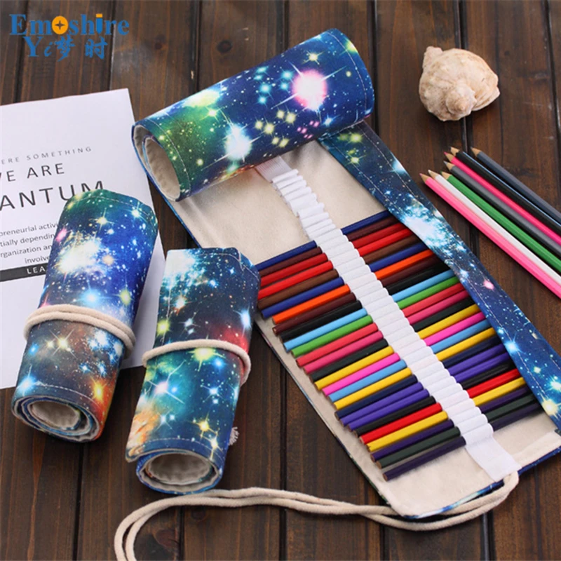Emoshire Cosmic Galaxy Time Curtain Coil Pencil Bag Pole Large Capacity Student Canvas Painting Art Pencil Bag (1)