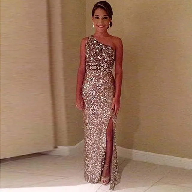 Bling Bling Prom Dresses One Shoulder Sequins Crystal Sexy Backless