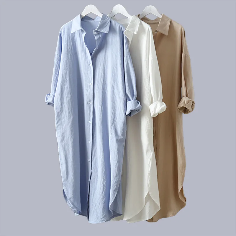 Günstige VogorSean Baumwolle Frauen Bluse Hemd 2019 Sommer Neue Leinen Baumwolle Casual Plus größe Womans Lange Abschnitt Shirts Weiß Blau