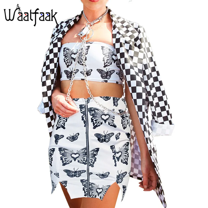 

Waatfaak Animal Print White Crop Tops Set Two Pieces Women Butterfly Graphic Summer Bodycon Mini Skirt Splice Tube Top Sexy Knit