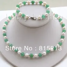 Натуральная 1" 8" Круглый Белый жемчуг зеленый лаборатории тонкой камень ожерелье браслет набор