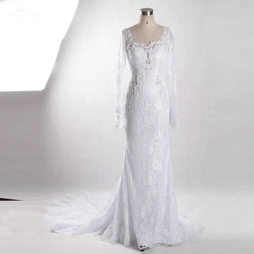 RSW905 платье-Русалка с длинным рукавом Белое Кружевное с открытой спиной Русалка Свадебные платья