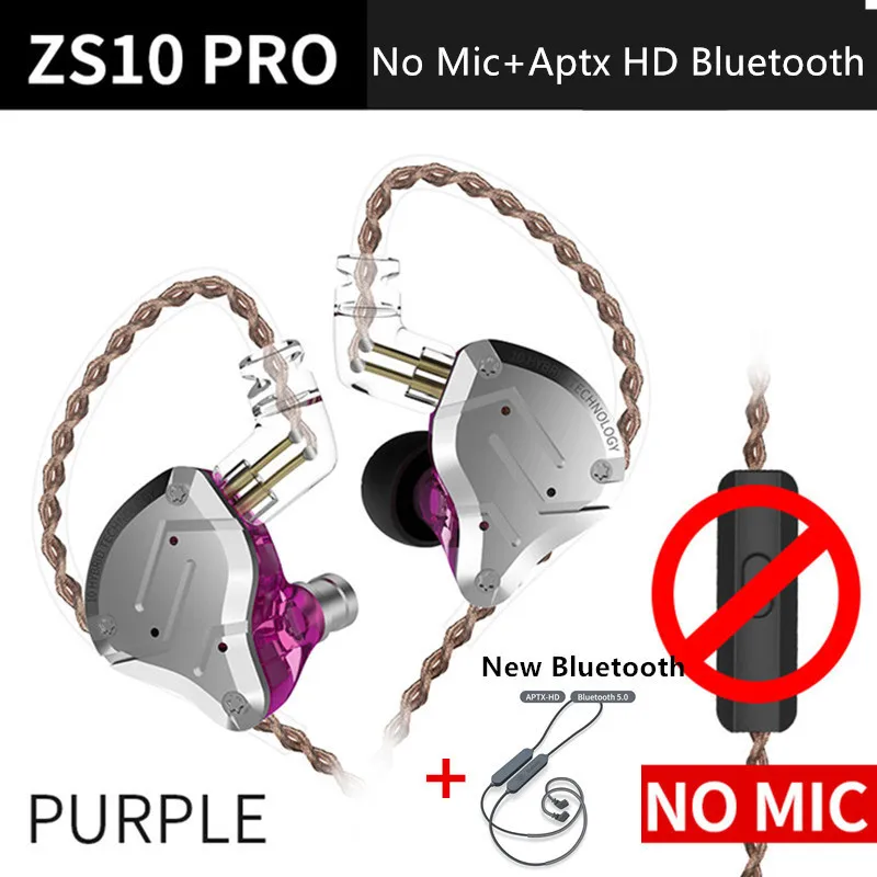 Kz Zs10 Pro Aptx Hd Bluetooth кабель в ухо наушники гибридные 4Ba+ 1DD Hifi бас наушники металлические наушники спортивные для Iphone - Цвет: PurpleNoMicAPtxHDblu