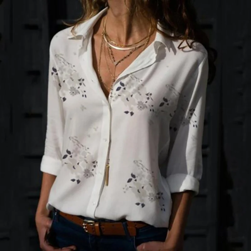 

Turn Down Collar Office Chiffon Women Shirt Fashion Floral Print Long Sleeve Blouses