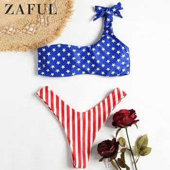 

ZAFUL One Shoulder Bikini Patriotic American Flag Thong Bikini Set Swimwear Women High Cut Swimsuit Striped Star Bathing Suit