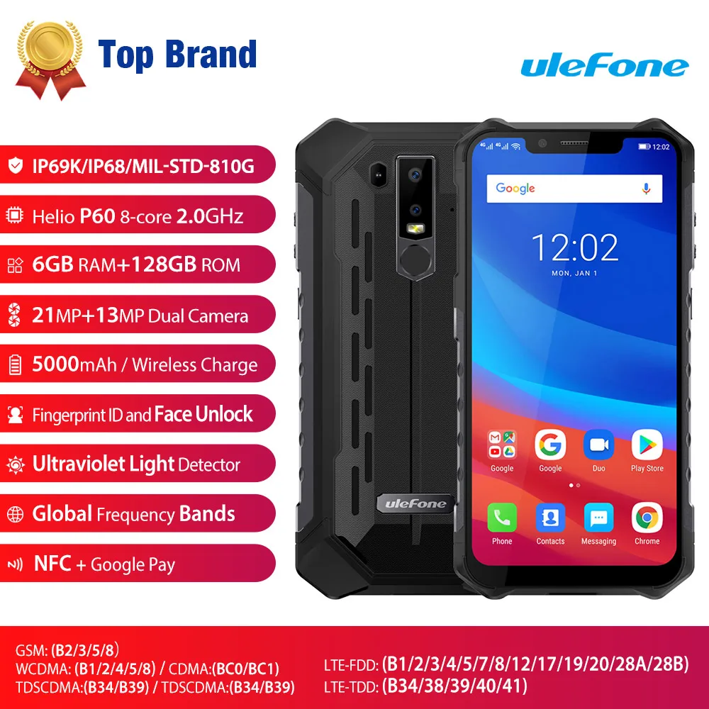 Ulefone Броня 6 IP69K Водонепроницаемый мобильный телефон Android 8,1 6,2 "FHD + Octa Core 6 ГБ + 128 GB NFC Face ID Беспроводной зарядки смартфона