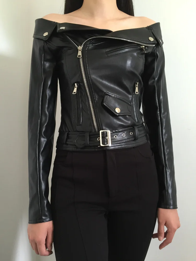 Весенняя женская куртка из искусственной кожи с открытыми плечами готическая Черная мотоциклетная куртка на молнии короткая женская куртка из искусственной кожи Z009