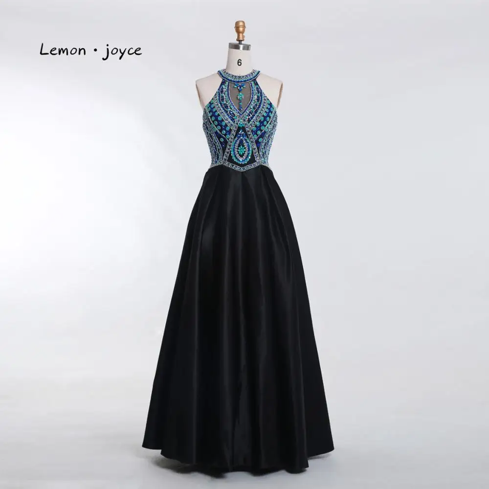 

Lemon joyce Formal Evening Dresses Long 2019 Halter Sleeveless Backless A-line Black Prom Party Gowns robe de soiree