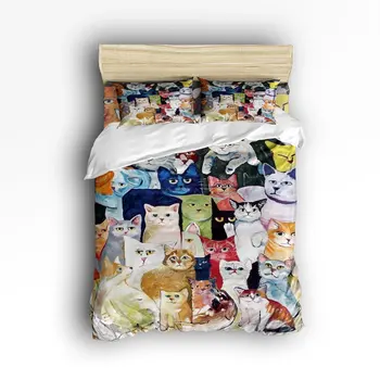 

King Size Bedding Set- Cute Colorful Cat Duvet Cover Set Bedspread for Children/Kids/Teens/Adults, 4 Piece