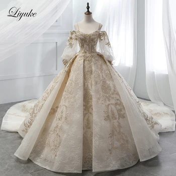شراءLiyuke أنيقة الذهبي الكرة ثوب الزفاف مع الذهب الخرز يزين الدانتيل الأميرة فستان الزفاف الفاخرة رداء دي Mariage
