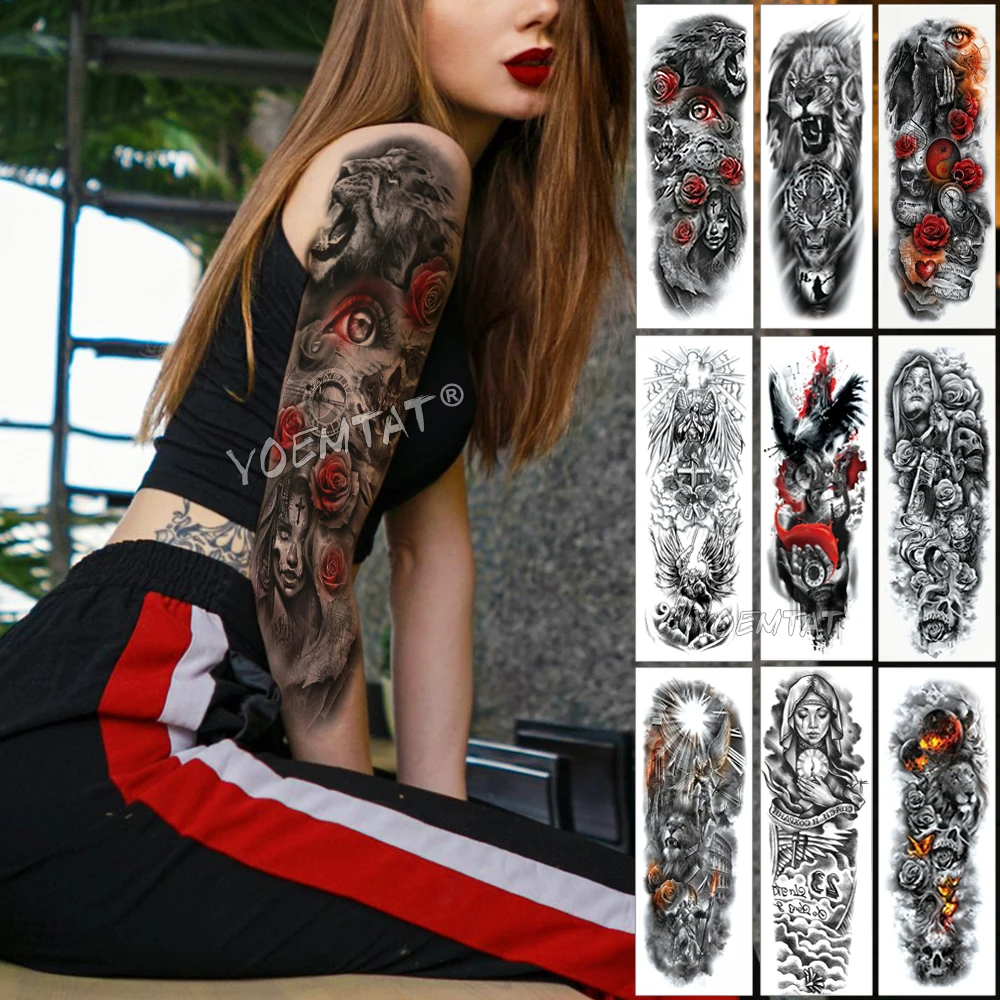 

Large Arm Sleeve Tattoo Catrina Red Eye Rose Waterproof Temporary Tattoo Sticker Clock Map Men Full Skull Tatoo Body Art Women