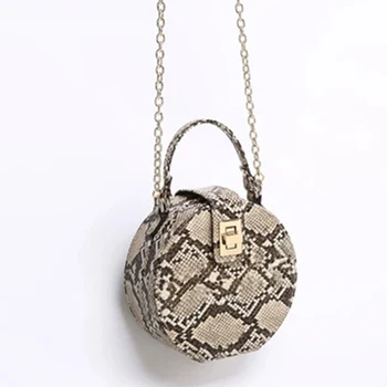 

Retro Serpentine Chain Round Bag Women Handbags Printed Small PU Leather Shoulder Crossbody Bags Female Serpentine Messenger Bag