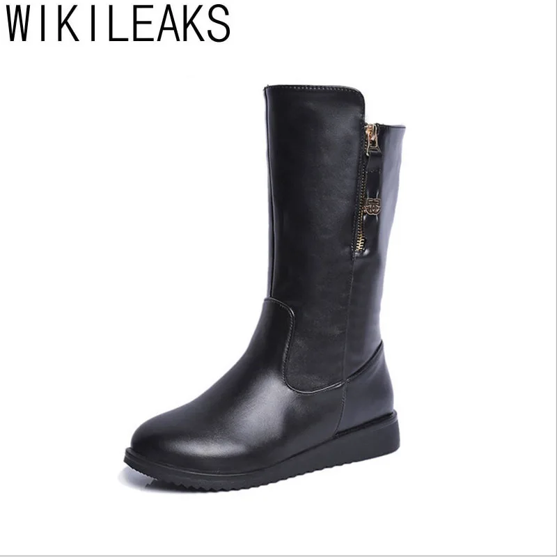 

Wikileaks New Fashion Women Black PU Mid-Calf Boots Flat Zip Boots Winter Ladies Fashion Work Boots Snow Shoes Zapatos Mujer