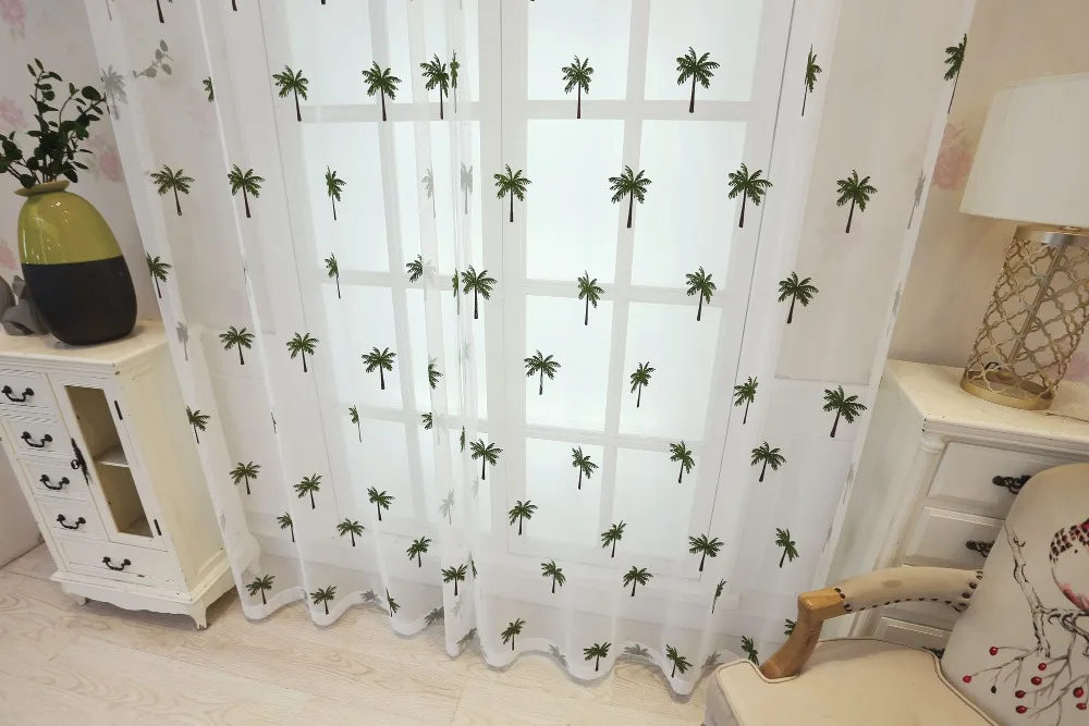 Simple Modern Coconut Tree Screen Embroidery Sheer Voile Window Drapes for Living Room Door Lace Curtains A966 (17)