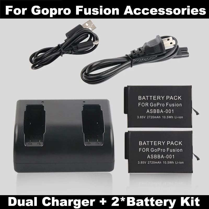 

2PCS 2720mAh battery For Gopro Fusion 360 VR Camera + Dual batteries Charger For Gopro Fusion Go Pro Accessories ASBBA-001
