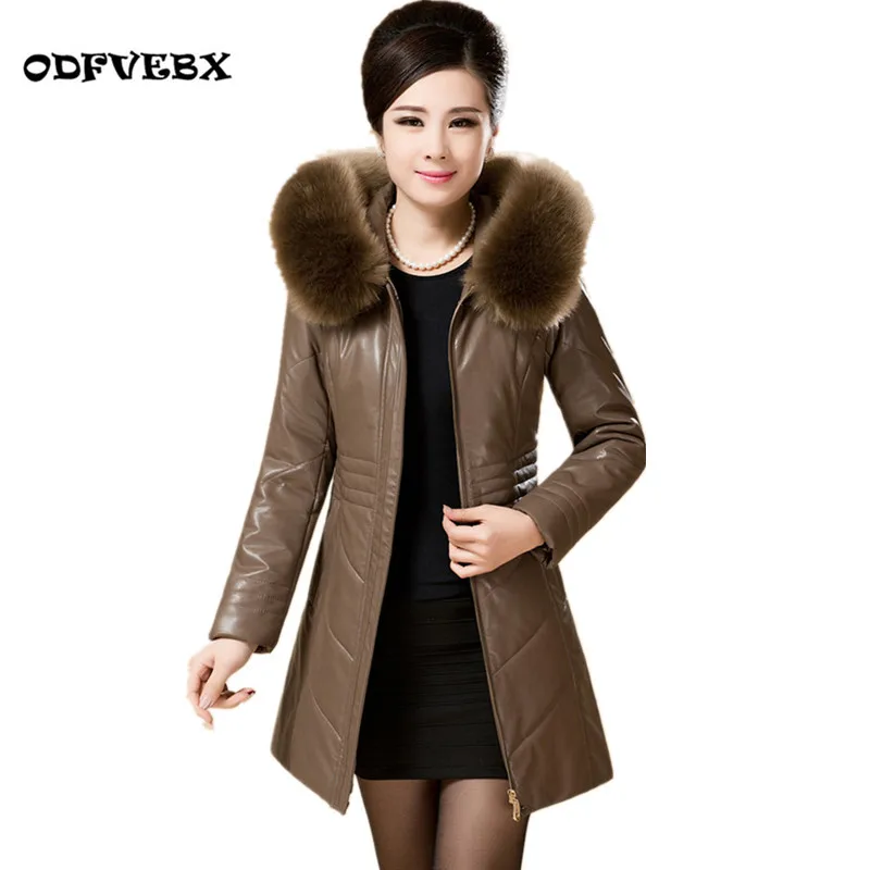 

Winter boutique women pu leather Down cotton jacket middle-aged and elderly plus large size thick warm hooded collar thick coat