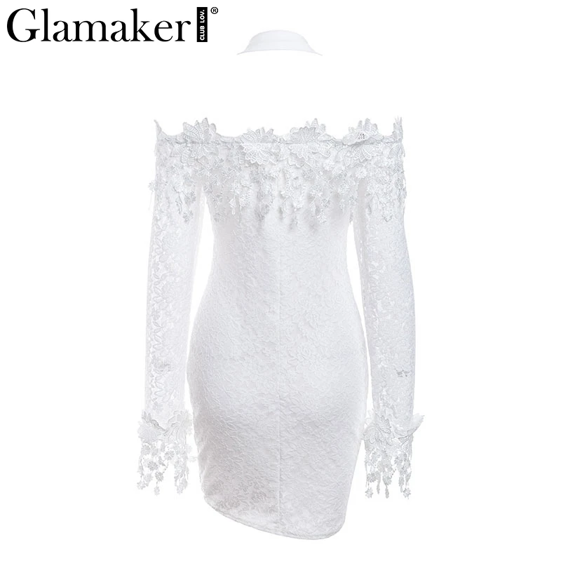 Glamake White lace halter bodycon dress Women off shoulder long sleeve sexy dress Elegant autumn party vintage mini dress winter