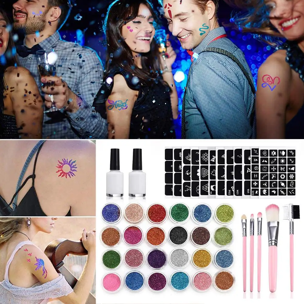 Flash Temporary Tattoo Set 24 Flash Powder 125 Templates 2 Glues 5 Brushes Children's Temporary Tattoo Set For Teens And Adults