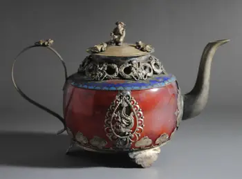 

Vintage,OLD JADE ARMORED TIBETAN SILVER WITH MONKEY LID DECORATION TEAPOT