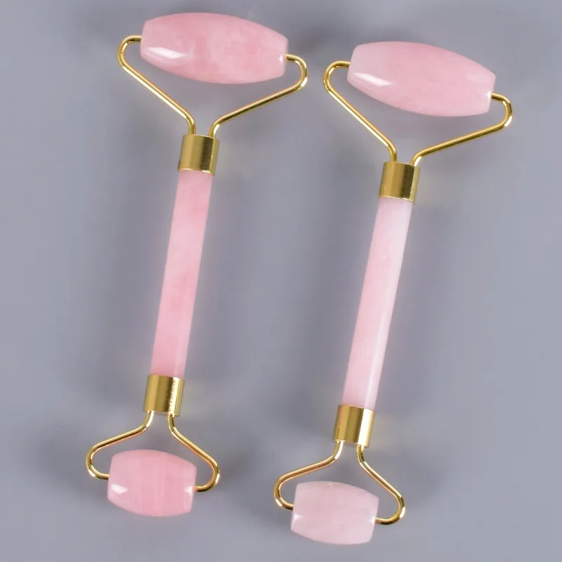Розовый КВАРЦЕВЫЙ ролик с двойной головкой для похудения, массажер для лица, инструмент для лифтинга, натуральный нефритовый роликовый лицевой массажный камень для красоты