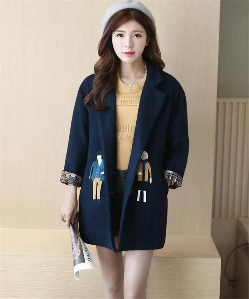 Rugod новая Корейская женская шерстяная куртка женское повседневное зимнее пальто с хлопковой подкладкой шерстяное пальто с мультяшной вышивкой Casaco Feminino - Цвет: navy blue