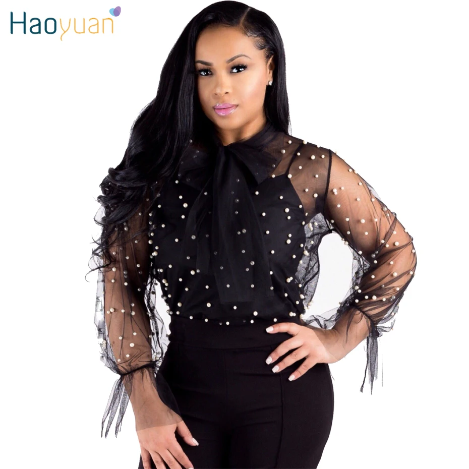

HAOYUAN Sexy See Through Womens Tops And Blouses Long Sleeve Black White Sheer Blusas Casual Mesh Beading Beach Summer Shirts