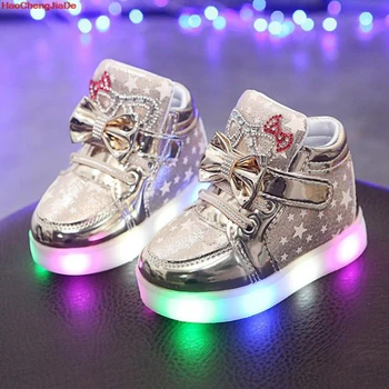 

HaoChengJiaDe Children Shoes New Spring Hello Kitty Rhinestone Led Shoes Girls Princess Cute Shoes With Light EU 21-30