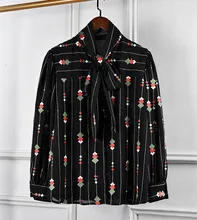2019 spring summer Women's embroidery chiffon Shirts Fashion long sleeves bowknot strip shirts & Blouses G168 grid pattern long sleeves blouses
