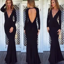 Sexy Tiefem V-ausschnitt Backless Lange Hülse Jersey Trompete Formale Abendkleid AET1018