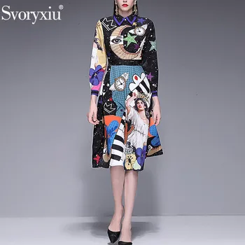

Svoryxiu Runway luxury Crystal Diamond Midi Dress Women's Elegant Long Sleeve Starry Sky Angel Print Fashion Party Dresses