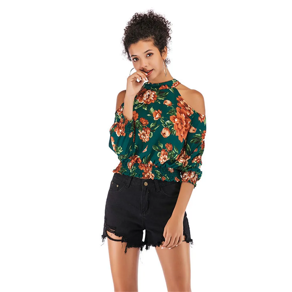 

2019 spring and summer new fashion women sexy off-shoulder print chiffon shirt Slim thin round neck shirt