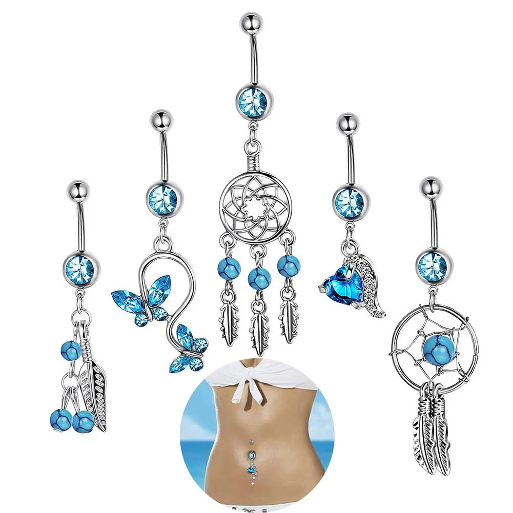 5 Pcs/Set Women Belly Button Rings Surgical Steel Crystal