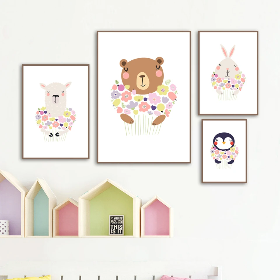 Elephant-Bear-Rabbit-Alpaca-Flower-Wall-Art-Print-Canvas-Painting-Nordic-Posters-And-Prints-Animal-Wall