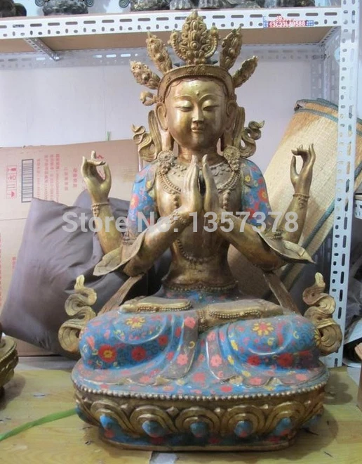 

shitou 005523 39"Huge Tibet Buddhism Bronze Gild Cloisonne Four Arm Kwan-Yin Buddha statue