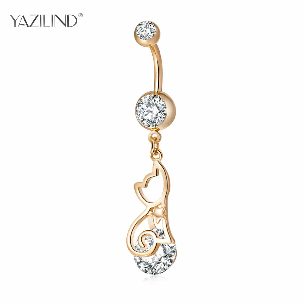 

Cute Hollow Cat Drop Belly Button Ring Body Jewelry piercing crystal stones navel umbilical nail earrings Body Jewelry